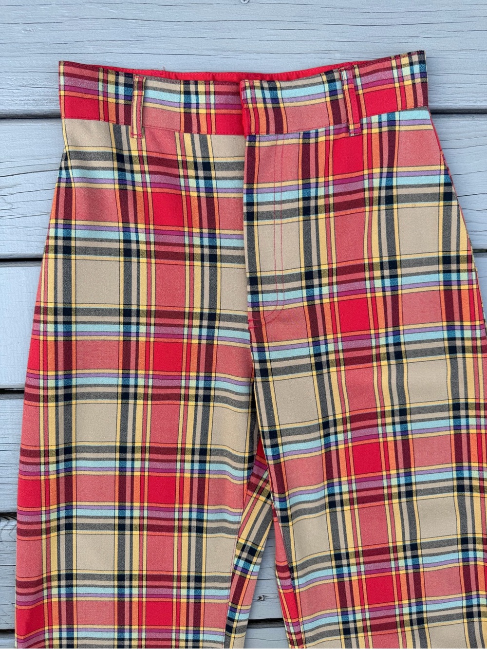 Free People Jules Red Multi Plaid High-Waisted Wide-Leg Pants - Picture 4 of 13